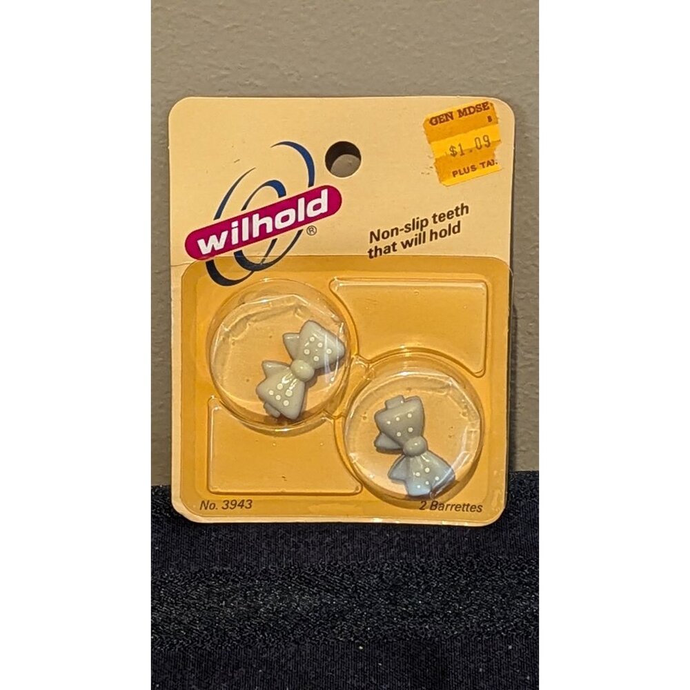 Vintage Wilhold Non-Slip Barrettes With Bow Design 2-Pack Light Grey Plastic